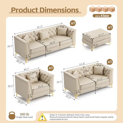 Image of KEIKI 3-Piece Chesterfield Sofa Set with Handmade Button Tufted, Beige