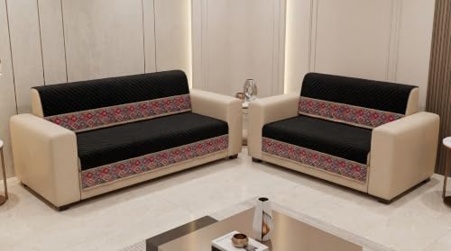 Image of KINGLY Sofa Cover 5 Seater 3+2 Velvet Full Cover - Black Multicolor | Fully covered quilted velvet slipcover, washable anti-slip thick furniture protector for 3+2 living room sofa