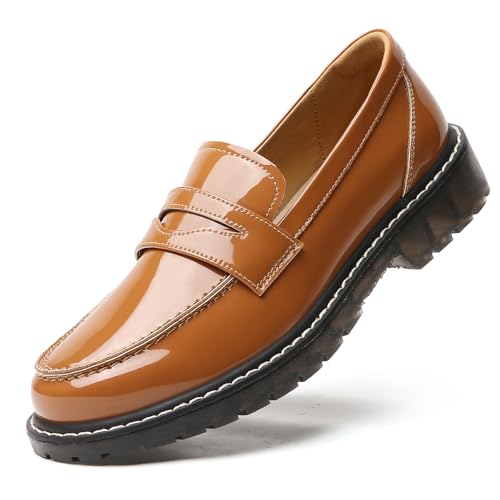 Image of Black Penny Loafers for Women, Shiny Comfortable Dress Work Shoes