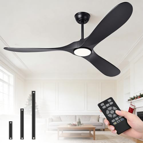 Mosanfan 60 Inch Ceiling Fans with Lights and Remote, Wood Outdoor Ceiling Fan with 6 Speed Noiseless DC Motor, Indoor Modern 3 Blade Propeller Ceiling Fan for Bedroom Living Room Gazebo Patio (Black)