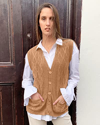 Tinkuy Peru Women’s Button-Up Cardigan, Authentic Peruvian Alpaca Wool V Neck Knitted Argyle Sweater Vest (Camel, Large) #TOP3
