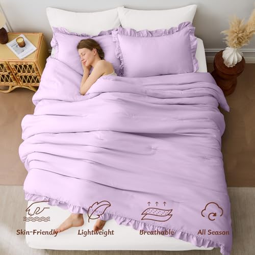 Image of FUANNA Full Size Comforter Sets Lavender, 3 Pieces Ruffle Full Size Bedding Sets, Fluffy Bed in a Bag Full for All Seasons, Shabby Chic Full Bed Set with 1 Lightweight Comforter & 2 Pillowshams