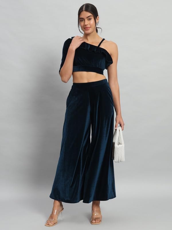 Image of Vaararo Velvet Co-Ords for Women | One Sleeve Crop Top with Palazzo Set Casual Party Dress