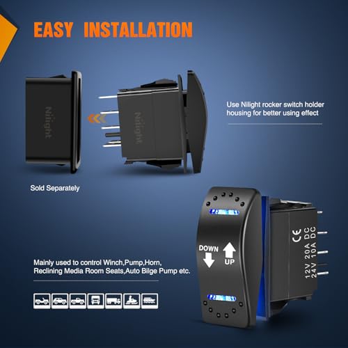Image of Nilight Polarity Reverse Switch 20A 12V 7 Pin Momentary ON-Off-ON Rocker | DPDT blue LED toggle includes jumpers and adapter wires for linear actuators, hoists, and cranes