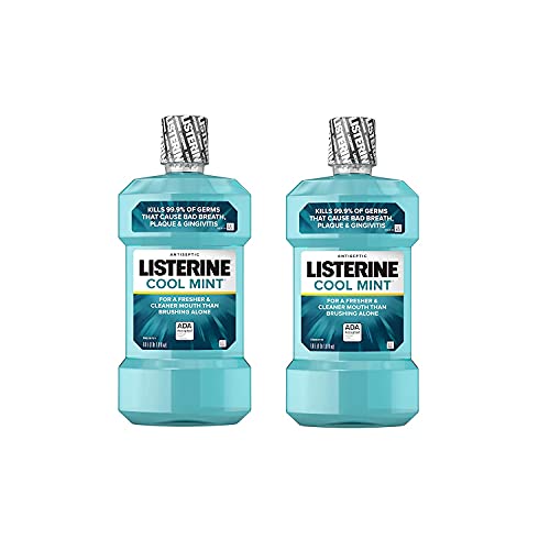 Listerine Cool Mint Intense Antiseptic Mouthwash, Daily Oral Rinse Kills 99.9% of Germs that Cause Bad Breath, Plaque & Gingivitis for a Fresh, Clean Mouth, Intense Mint, Convenience Pack, 2 x 1 L