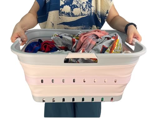 Image of SAMMART 42 (11 Gallons) Collapsible Plastic Laundry Basket, Foldable Pop Up Storage Container /Organizer, Space Saving Hamper, Portable Bin for Dorm Room Bathroom (2, Grey /Pink)