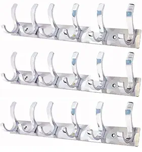 GAIYERA- Pack of 3 Stainless Steel Premium Fescue Dual Edge 6 PIN Cloth Hanger .Bathroom Wall Door Hook,Silver