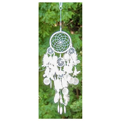 Traumfänger groß Capiz-Muscheln und echten Federn Raumduft Anhänger Ø 14 cm L 64 cm | traditionelles indianisches Dreamcatcher für gute Träume | Räucherwerk Schutzsymbol Wohndeko | Esoterik Geschenke Cover