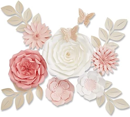 Mverse Paper Flowers Decorations for Wall, Giant 3D Handmade Artificial Flowers Bouquet with Leaves and Butterflies, 14 Pc. Kit, Elegant Decor Nursery, Wedding and Baby Shower Décor (Pink Set)