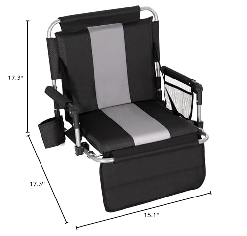 HIGH POINT SPORTS Foldable Stadium Seats for Bleachers with Back Support, Bleacher Seats Chairs with Back and Cushion, Portable Folding Stadium Chairs with Armrest and Cup Holder, Black-Grey
