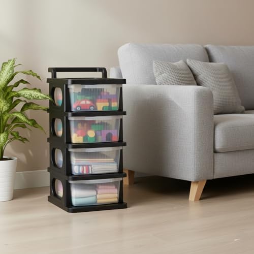 Image of 4 Tier Plastic Storage Drawer /Spacious Organizer with Handle| Modular Storage Rack for Home /Kitchen /Office | Black