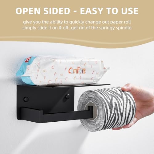 Image of Angle Simple Toilet Paper Holder with Shelf Matte Black, Tissue Roll Holder