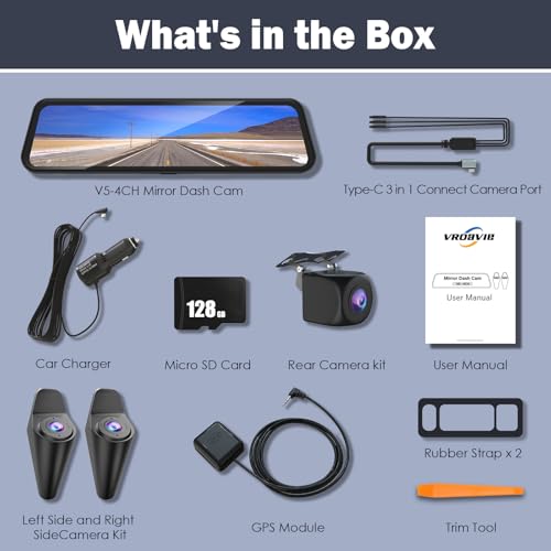 360 Degree View 4 Channel Mirror Dash Cam Detached Camera for Cars，Dash Cam Front and Rear Side(Left,Right),12'' Rear View Mirror Camera1080Px4,WiFi,Night Vision,GPS,Parking Monitor,Free 128GB Card by VROAVIE - Image 9