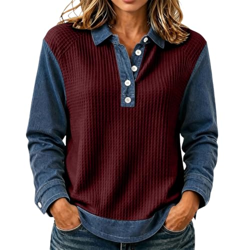 Waffle Tops for Women Jean Patchwork Collared Button Comfy Shirts - image 1