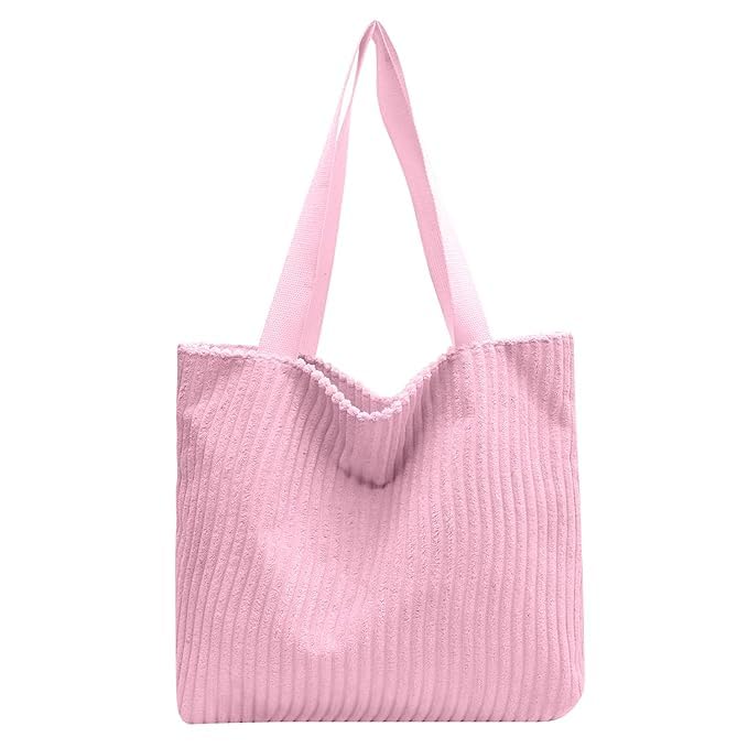 Image of Kawn Korean Tote Bag Aesthetic Corduroy Canvas Handbag for Women Zipper Casual Large Capacity Shoulder Bag with Pockets Versatile Everyday use for College Work Travel & Shopping