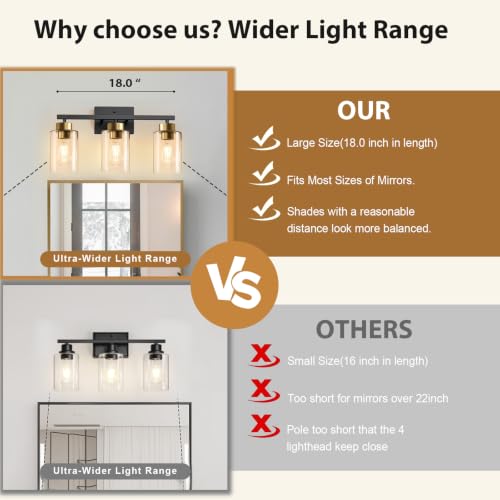 Image of IZORRO Bathroom Light Fixtures, Modern Vanity Lights, Bathroom Lighting Fixtures Over Mirror with Clear Glass Shade, Wall Sconce for Living Room Cabinet Bedroom (Black and Gold, 3-Light)