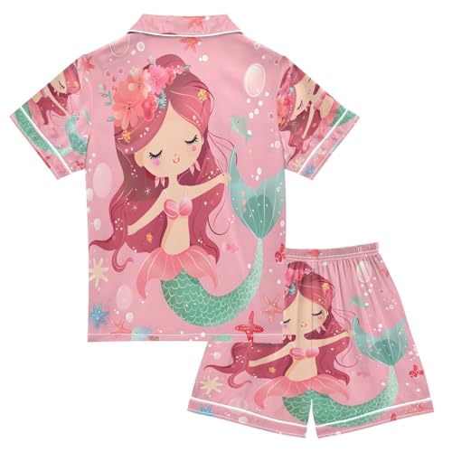 ALAZA Mermaid with Wreath Starfish Satin Pajamas Set Short Sleeve Button Down Sleepwear Summer Pjs 2 Piece2