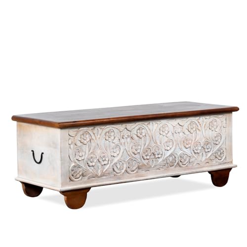 Image of Teba Wooden Trunk Box for Storage | Solid Wood Coffee Table for Living Room | Center Coffee Table with Storage | Front Wooden Carved Sandook Pitara for Home Decor & Bedroom (White Distress)