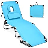 GYMAX Tanning Chair, 350lbs Beach Lounge Chair with Face Hole, Washable Pillow & Carry Strap, Adjustable Folding Chaise Lounge, Layout Lounger for Outside, Patio, Poolside, Lawn (1, Arctic)