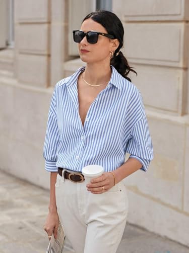 Image of IndoPrimo Women's Classic Fit Striped Print Poly Cotton Shirt with 3 /4 Sleeve Mandarin Neck Standard Length and Button Down Closure Type