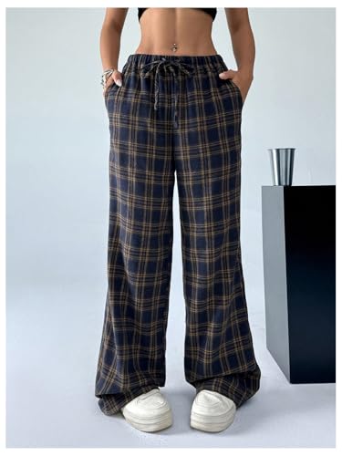 Women's Wide Leg Pants Y2K Drawstring Elastic High Waisted Plaid Pants Pajama with Pockets Brown X-Small3