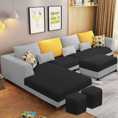 Image of Galib LHS 8 Seater L Shape Sofa Set for Living Room (Black Grey Fabric) Premium Fabric Sofa