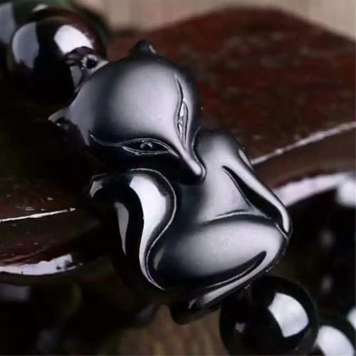 Bracelet obsidienne noire naturelle et renard sculpté 14mm