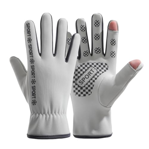Guantes De Invierno Cálidos Guantes De Ciclismo De Invierno Para Hombre Y Mujer, Cálidos, Afelpados, Impermeables, Con Solapa Táctil Y Diseño De Bloques De Color - Gris Claro