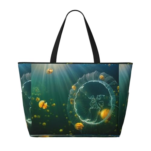 Jelly Fish Print Large Beach Tote Bag for Women Extra Large Capacity Sandproof Waterproof Pool Bag Suitable for Swimming Pool Gym Groceries Travel2