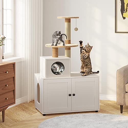 Favepaw Cat Litter Box Enclosure, Cat Tree With Litter Box Enclosure, Large Cat Litter Box Furniture With Cat Tree Tower And Condo, Cat House With Sisal Scratching Post And Soft Plush Perch, White #TOP1