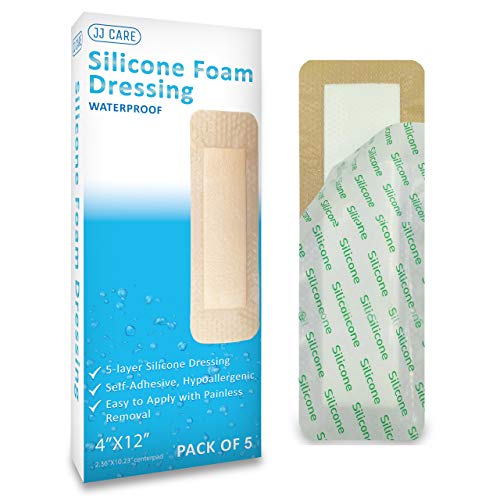 JJ CARE [Pack of 5] Silicone Foam Dressing 4"x12" Foam Wound Dressing, Bordered Adhesive 5-Layer Silicone Bandages, High Absorbency Foam Bandage Silicone Dressing (2.36" x 10.23" Pad Size)