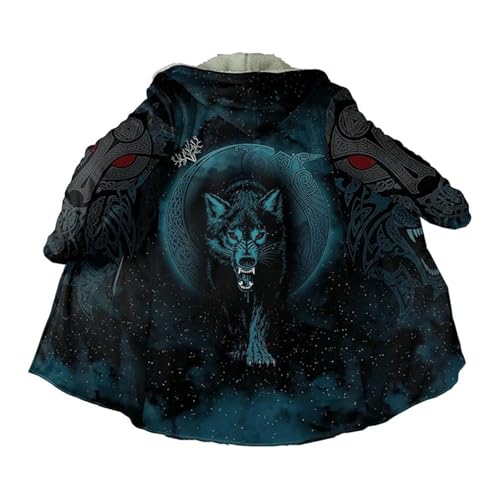 Viking Mythology Mens Hooded Cloak Nordic Faux Cashmere Hoodie Winter Warmer Overcoat Mid-Length Parka Jacket