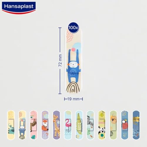 Hansaplast Universal Kinderpflaster (100 Strips), Wundpflaster mit niedlichen Tiermotiven zum Aufmuntern, schmerzlos zu entfernende Pflaster