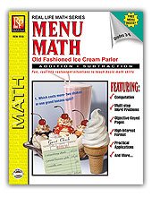Paperback Menu Math; Old-Fashioned Ice Cream Parlor; Grades 3-6; Addition, Subtraction; REM 101A Book