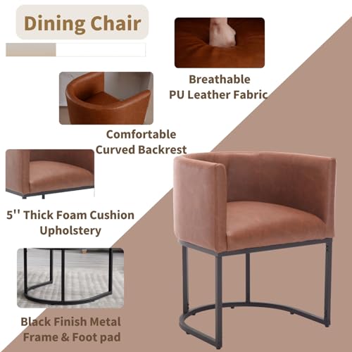 Image of HNY Mid Century Modern Upholstered Barrel Dining Chairs with Arms Set of 4, Leather Kitchen & Dining Room Chairs, 18.5 inch Wide Accent Chairs for Dining Room Living Room with Black Metal Frame, Brown