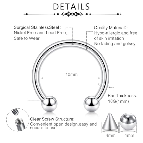 D.Bella 22G 20G 18G 16G 14G 12G 10G 8G 6G 4G 2G 0G 00G Surgical Steel Nose Septum Horseshoe Hoop Eyebrow Lip Navel Belly Nipple Piercing Ring Helix Tragus Daith Rook Captive Earrings Replacement Spikes2