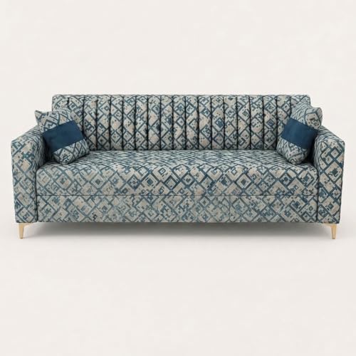 Image of FURNY Signature Regalia 3 Seater Sofa Set | Tapestry Fabric | 40D Foam + Zigzag Spring | 3-Yr Warranty (Lagoon Mosaic Blue) | Modern Living Luxury Sofa Set for Home, Office & Hotel Spaces