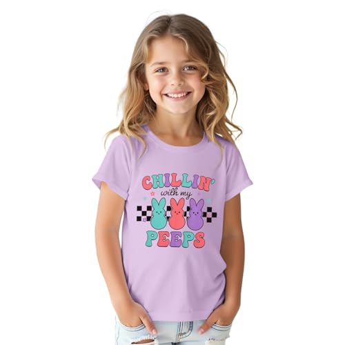 Image of Girls Easter Bunny Shirts Chillin with My Peeps Letter Print T-Shirt Cute Rabbit Short Sleeve Tee Tops
