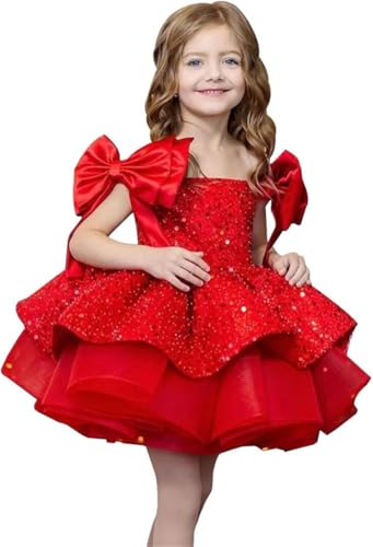 Red Sequin Toddler Pageant Dress Short Christmas Flower Girl Dress Bows Knee Length Kids Prom Ball Gowns