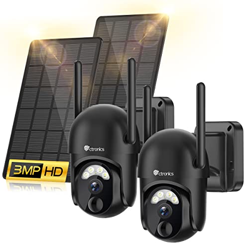 Ctronics 2K Caméra Surveillance WiFi Extérieur Solaire, 360°PTZ IP Caméra de Surveillance sans Fil sur Batterie 2304X1296P Vision Nocturne Couleur PIR Détection...