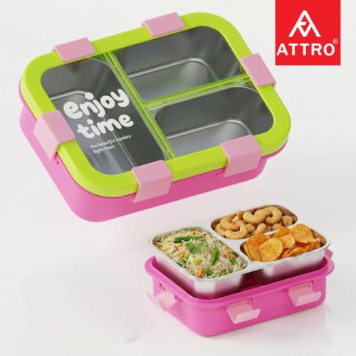 Image of ATTRO JoyBox Steel Lunch Box, 3 Compartment, Stainless Steel Inner Tray, Leakproof Airtight Lid, 4-Side Locks, BPA-Free Food Grade Lunch Box for Kids, School & Office - Yellow Pink-750ml