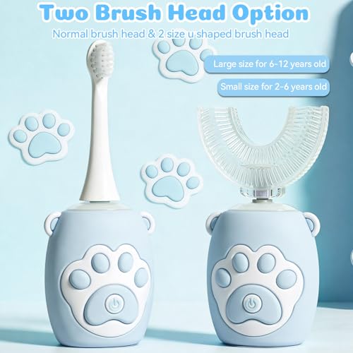 KAQINWX Kids U Shaped Electric Toothbrush for Age 2-12, Rechargeable Toddler Toothbrush with Smart Timer & 3 Clean Modes, Cat's Claw Design, IPX7 Waterproof, 3 Brush Heads & 360°Cleaning — view 4