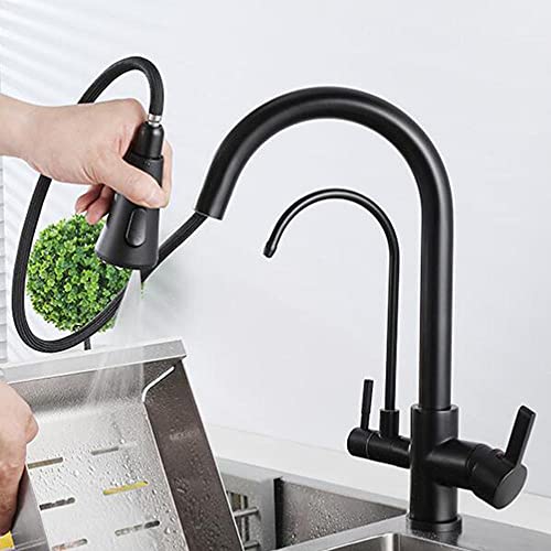 Robinets d'évier de cuisine 3 en 1 noir mitigeur douchette extractible eau pure rotation 360°