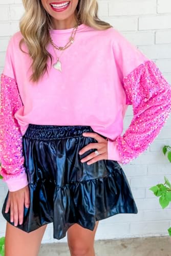 Women's Elegant Pink Sequin Patchwork Long Sleeve Pullover Top4