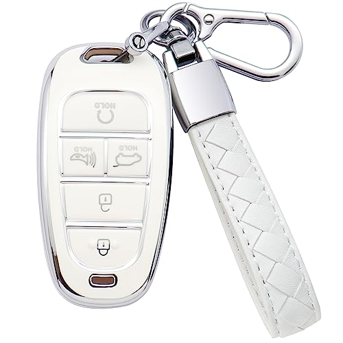 Kespevn for Hyundai Key Fob Cover 5 Button Soft TPU with Leather Keychain 360 Degree Protection Car Key Case Shell Holder Fits for 2023 2022 2021 2020 Hyundai Sonata Santa fe Tucson B White