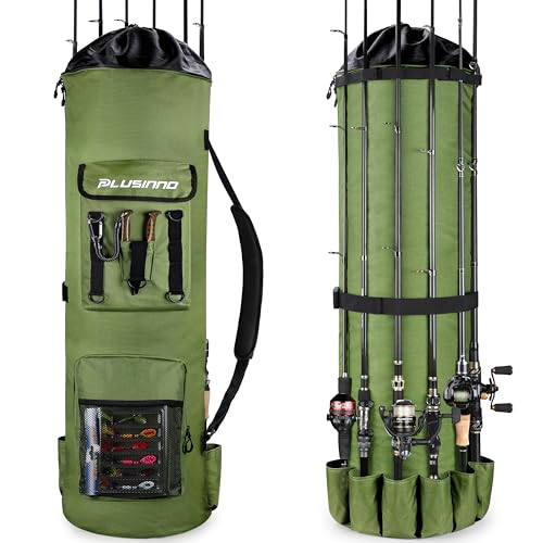 PLUSINNO Mochila De Pesca Com Suportes Para Vara De Pesca, Bolsa Grande Para Armazenamento De Equipa