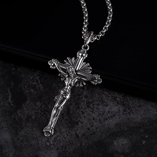 Large Retro 925 Sterling Silver Crucifix Cross Necklace Jesus Christ Pendant Necklace for Men Women 50cm Chain2