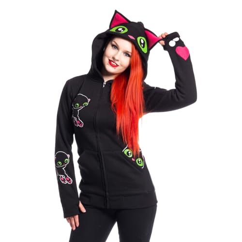 Cupcake Cult Black Cat Hood mulher capuz com fecho de correr preto mit Daumenlöchern, Schnürung regular, Preto