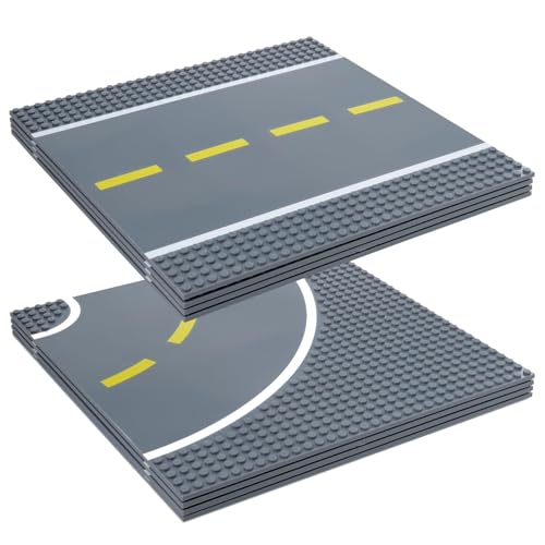 Strictly Briks - Lot de 8 plaques de Base - 4 Droites/4 recourbées - pour Construire des Routes/Villages/parkings - Compatible avec Toutes Les Grandes Marques...