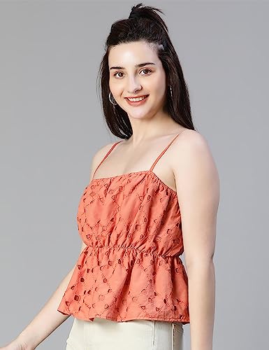 Image of oxolloxo Women Schiffli Elsaticated Shoulder Strap Cotton Top